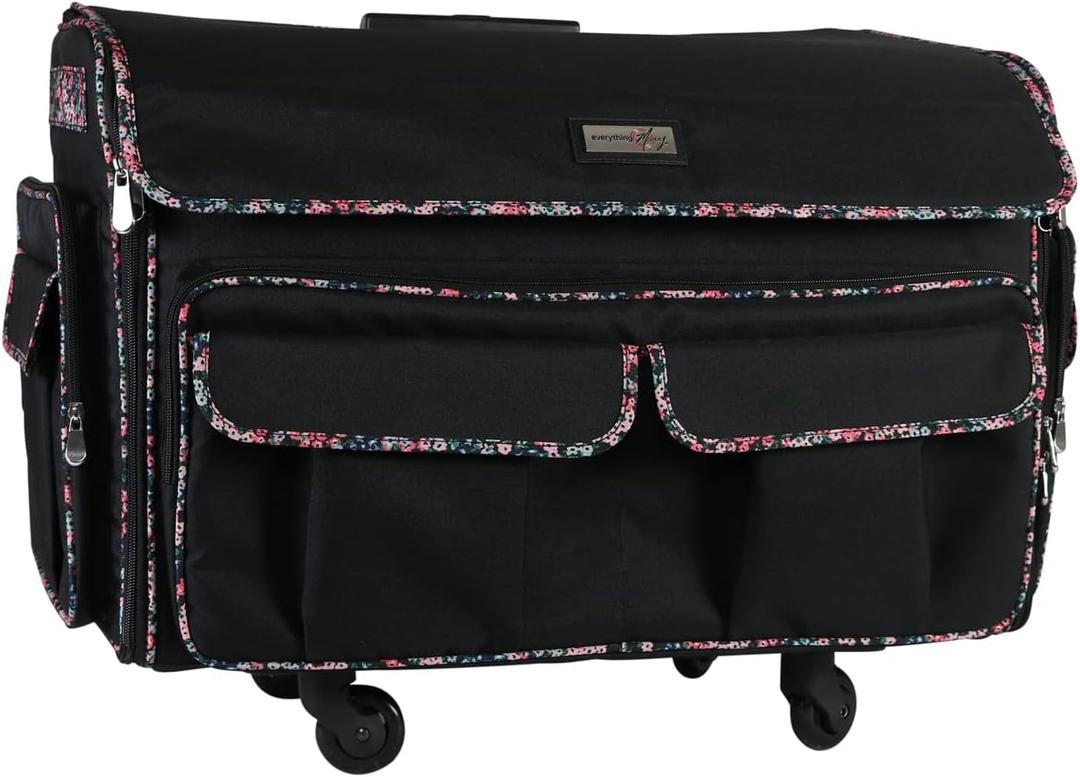 Everything Mary XXL Rolling Sewing Tote Sewing Machine Case, Black Floral - Rolling Carrying Storage Cover for Large Brother and Singer Machines - Universal Travel & Craft Tote Bag (Black Floral)