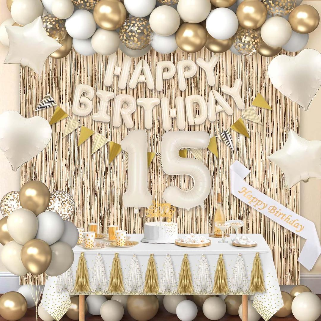 15th Birthday Decorations for Girls, White and Gold 15 Boho BD Party Supplies Includes Biege, Banner, Fringe Curtain, Sash