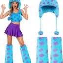 Shihanee 2 Pcs Winter Furry Costume Accessories, Womens Furry Leg Warmers Faux Fur Hat for Warm Thanksgiving Christmas Party (Adult Size, Blue and Purple)