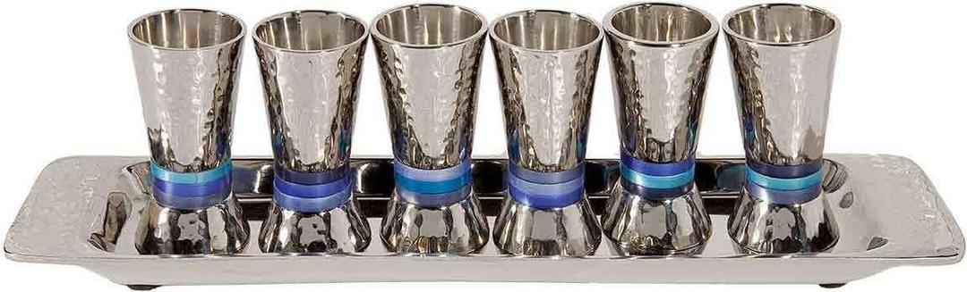 Liquor Cup Set of 6 Hammered Nickel Cone Shaped Designed with Colored Rings (Blue Rings)