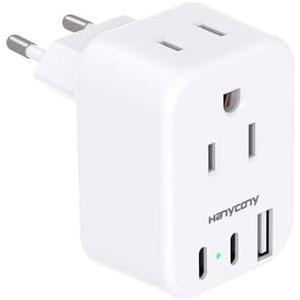 European Travel Plug Adapter USB C, HANYCONY International Plug Adapter, US to Europe Adapter Plug 2 Outlets 3 USB Ports(2 C Port), Type C Power Adapter to Italy Spain France Portugal Iceland Germany