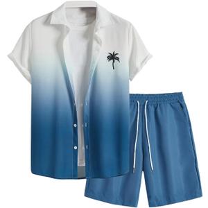 Floerns Men's 2 Piece Outfit Hawaiian Button Down Shirts and Shorts Set (Large, Teal Blue)