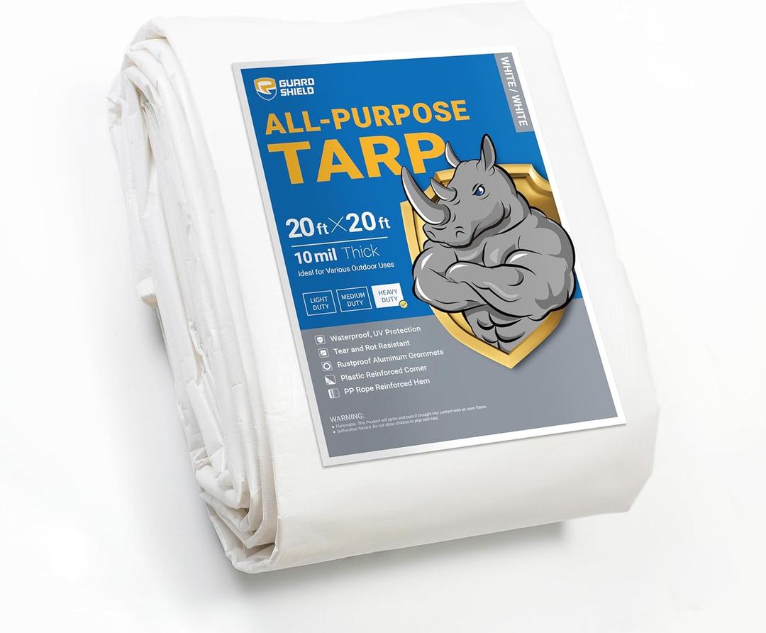 GUARD SHIELD Heavy Duty Tarp 20x20 Feet White Multi Purpose Thick Waterproof Poly Tarp Cover 10mil