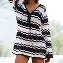 Eomenie Women Crochet Swim Cover Up Summer Bathing Suit Hollow Out Long Sleeve Dress Coverup Mesh Knit Beach Outfits Black&White (S)
