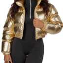 COZYPOIN Women's Metallic Shiny Cropped Puffer Jacket Long Sleeve y2k Zip Up Padded Down Short Coat Outerwear (Medium, Gold)