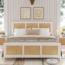 GarveeHome Full Size Bed Frame with Headboard, Boho Rattan Bed Frame with Strong Metal Slat, Noise Free, No Box Spring Needed, White and Natural