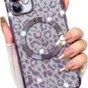 Fiyart Designed for iPhone 12 Case,Compatible with MagSafe Cheetah Print Plating Camera Protection Magnetic Clear Glitter Leopard Print Shockproof Phone Bumper for Women Girls 6.1"-Purple