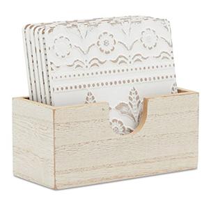 Juvale Wooden Coasters Set of 6-3.8 in, White, Square, Farmhouse Style - Coaster Holder for Coffee Table & Bar Decor - Kitchen & Living Room Decor