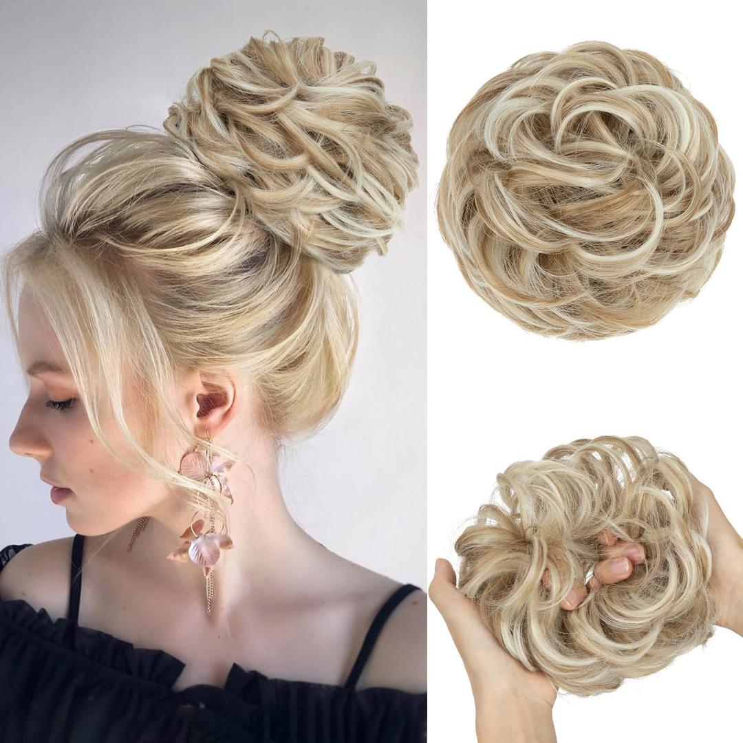 2 x CJL HAIR Large Messy Bun Hair Piece Wavy Curly Scrunchies Synthetic Chignon Ponytail Hair Extensions Thick Updo Hairpieces for Women Sunny Blonde