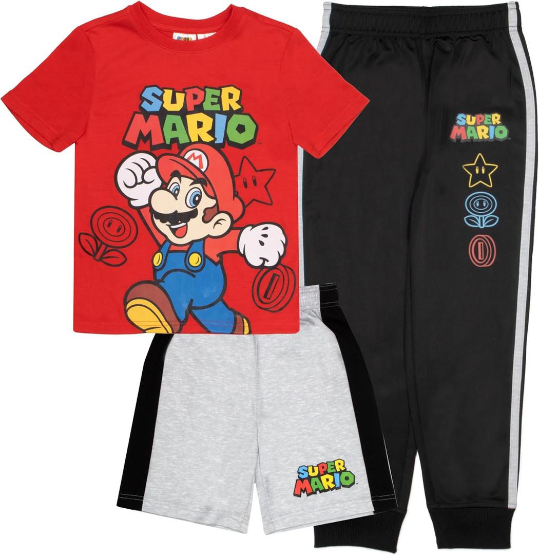 Nintendo Super Mario Bros Boys 3-Piece Pants Set - Short Sleeve T-Shirt, Shorts, and Jogger Pants 3-Pack Bundle Set (Red/Gray/Black), Size 3T