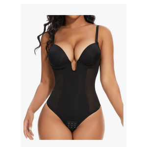 SHAPERIN Women's Backless Body Shaper Bra Faja U Plunge Low Back Thong Shapewear Tummy Control Deep V Bodysuit, Size M
