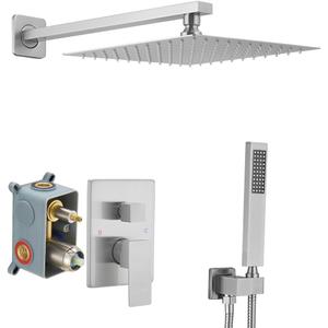 Brushed Nickel Shower System 10 Inch Bathroom Luxury Rain Mixer Shower Combo Set Wall Mounted Rainfall Shower Head and Handheld System Shower Faucet Rough-in Valve Body and Trim Kit