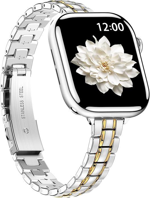 BAITEYOU Narrow Metal Band Compatible with Apple Watch Bands 38mm 40mm 41mm 42mm 44mm 45mm 46mm 49mm (Series 11 10 9 8 7 6 5 4 3 2 1 SE Ultra), Dressy Thin Stainless Steel iWatch Bands for Women