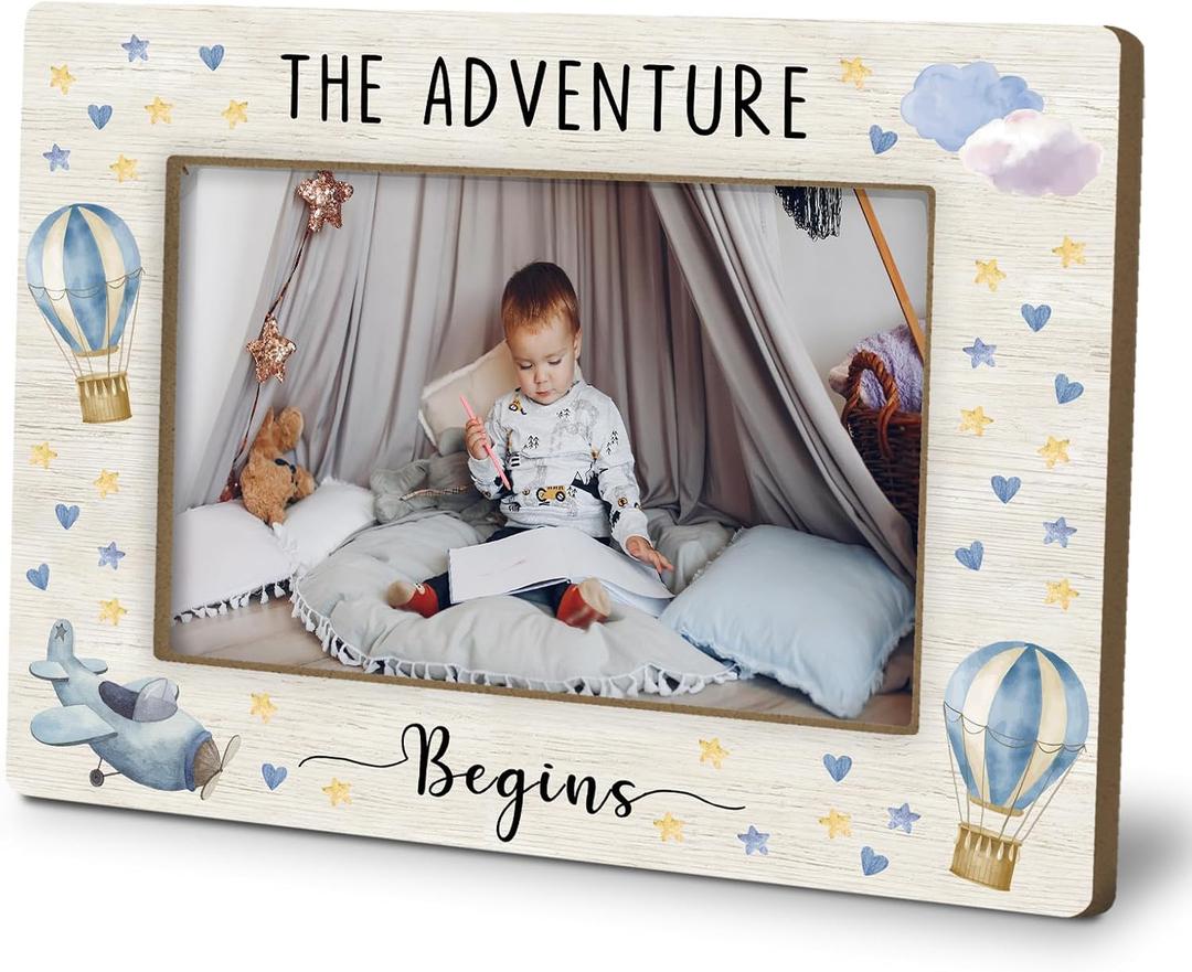 Baby Boy Picture Frame 4x6, Hot Air Balloon Nursery Photo Frame Gifts for Boy Son from Mom, The Adventure Begins Picture Photo Frames for Baby Boys Nursery Bedroom Playroom Desk decor