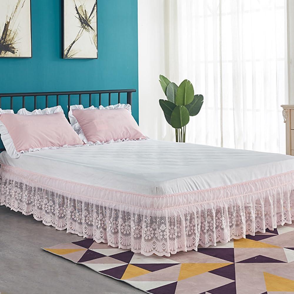 Pink Lace Bed Skirt for Queen Bed - 15in. Drop, Easy Fit Ruffle Bedskirt Wrap Around Bed Skirt, Anti Wrinkle & Fade Resistant (Queen(60" X 80"))