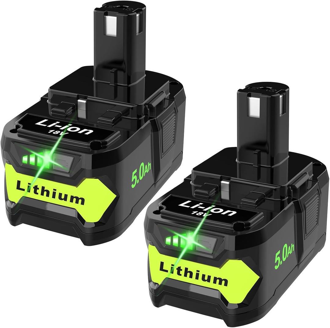 2-Pack 5000mAh Replacement for Ryobi 18V Battery P102, P103, P104, P105, P107, P108, P109, Compatible with Ryobi One+ 18V Cordless Power Tools and Charger (Gloss Black)