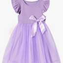 Toddler Girls Ruffle Sleeve Tulle Dress Elastic Waist Bow Kid Casual Sundress, 120