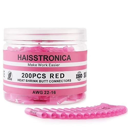 haisstronica 200PCS 22-16 AWG Red Heat Shrink Butt Connectors – Marine Grade Tinned Copper Crimp Terminals, Waterproof Wire Connectors, Butt Splice for Boat, Marine, Automotive, Stereo Wiring