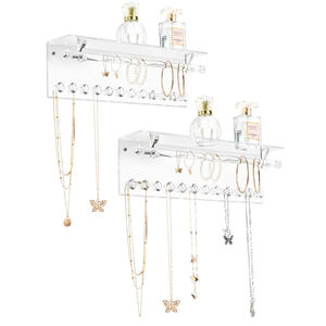 Mymazn 2 Pack Acrylic Necklace Holder with Shelf, 12 Diamond Shape Hooks and Removable Bracelet Rod, Wall Mounted Jewelry Organizer Hanging Rack Clear Jewelry Hangers