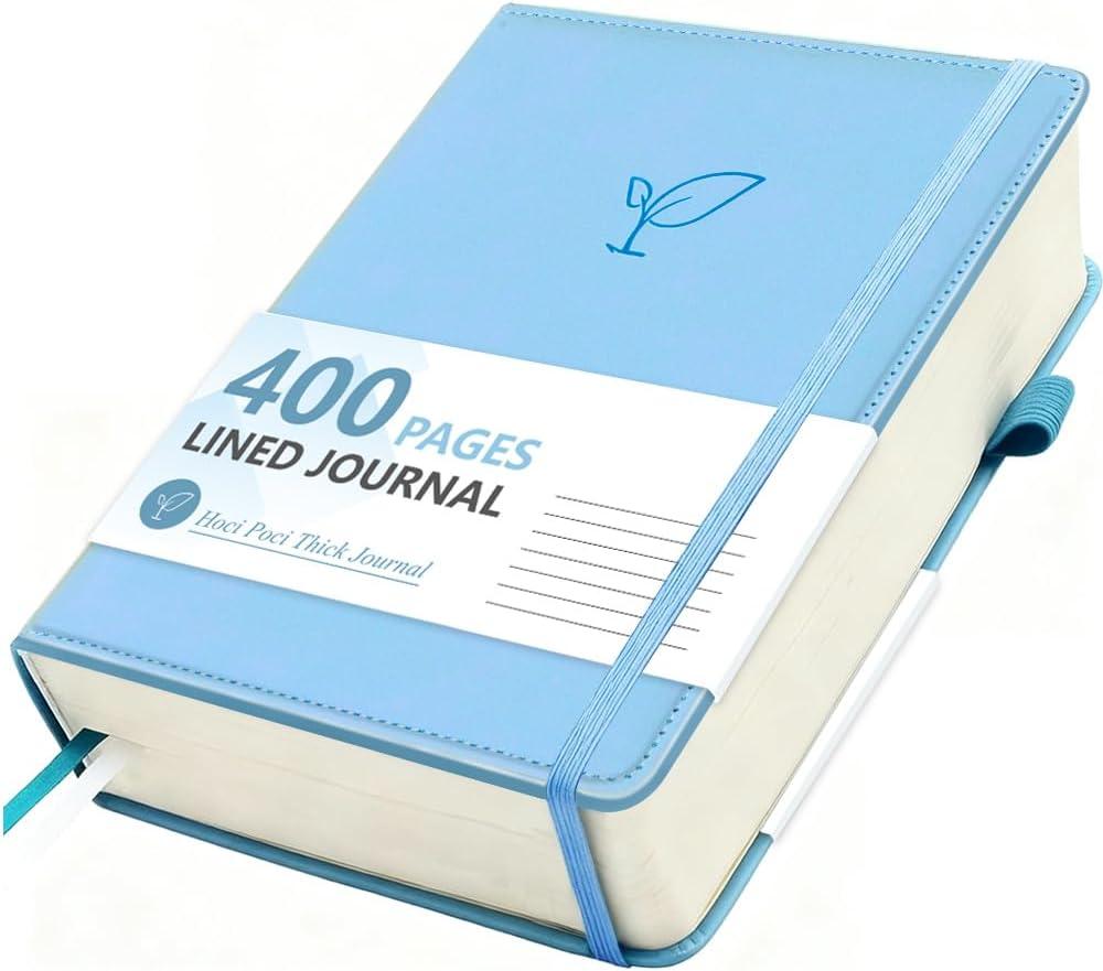 Hoci Poci Lined Journal Notebook, 400 Pages Thick Journal for Writing, A5 Hardcover Leather Notebook with 100Gsm College Ruled Paper for Women Men Work Note taking, 5.8" x 8.4", Light Blue