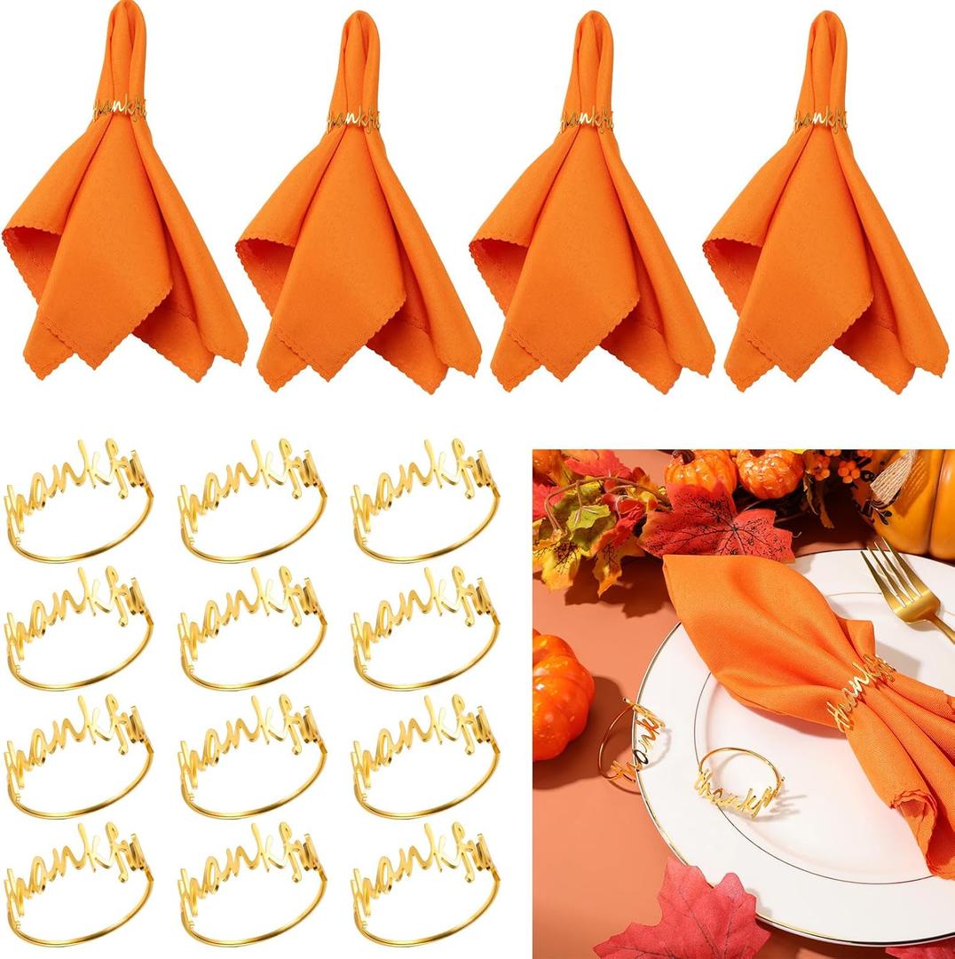 Umigy 12 Pcs Thanksgiving Napkin Rings Gold Thankful Holiday Table Handmade Metal Thankful Napkin Holder for Fall Thanksgiving Celebration Festive Party Gift