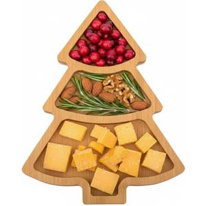 Baluue Christmas Tree Charcuterie Board, Bamboo Serving Tray for Appetizers, Snacks, and Fruit 3-Compartment Wooden Cheese Platter for Xmas Holiday Party & Hostess (27.70X19.50X1.20CM, Khaki)