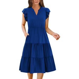 kinstell Womens Summer Casual Midi Dresses Ruffle Sleeve V Neck 2025 V Neck Tiered Swing A Line Dresses (Z-blue), XL