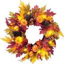24" Fall Wreath with Pumpkins, Maple Leaves & Timer LED Lights  Autumn Front Door Wreath with Removable Cat Decor, Thanksgiving Harvest Decor for Indoor Outdoor
