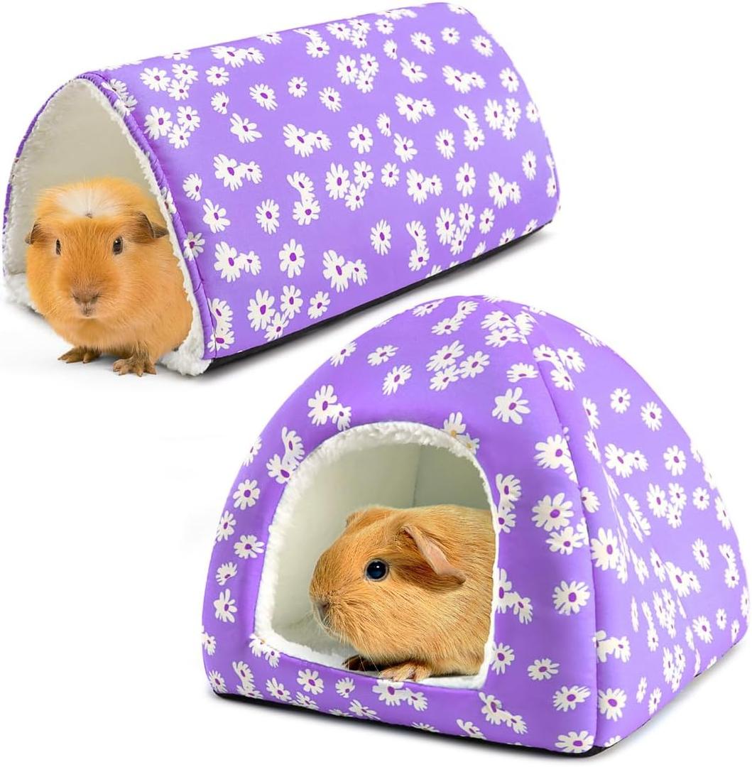 Guinea Pig House and Tunnel Set - 2 Pack Washable Guinea Pig Hideout Bed, Plush Small Animal Hide and Toy with Non-Slip Bottom for Ferret Dwarf Bunny