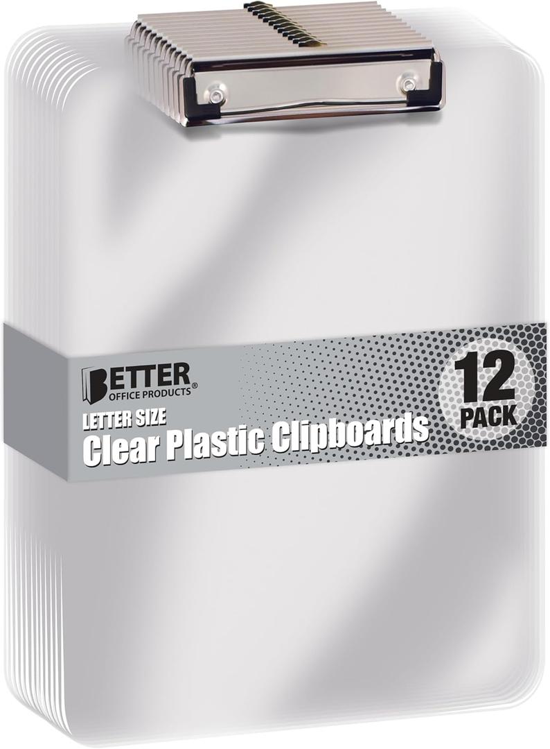 Better Office Products Clear Plastic Clipboards, 12 Pack, Durable, 12.5 x 9 Inch, Low Profile Clip, Translucent Clear, Set of 12