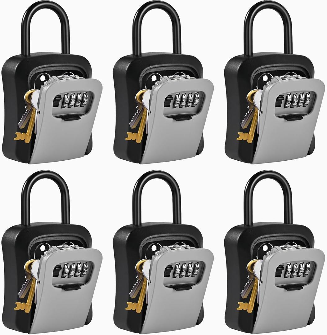6 PCS L Large Key Lock Box, 4.5x3.7x1.5 Waterproof Kirsite Combination Lockbox for Keys Outdoor, Portable Key Lock Box Wall Mount with Code (L Size, Gray)