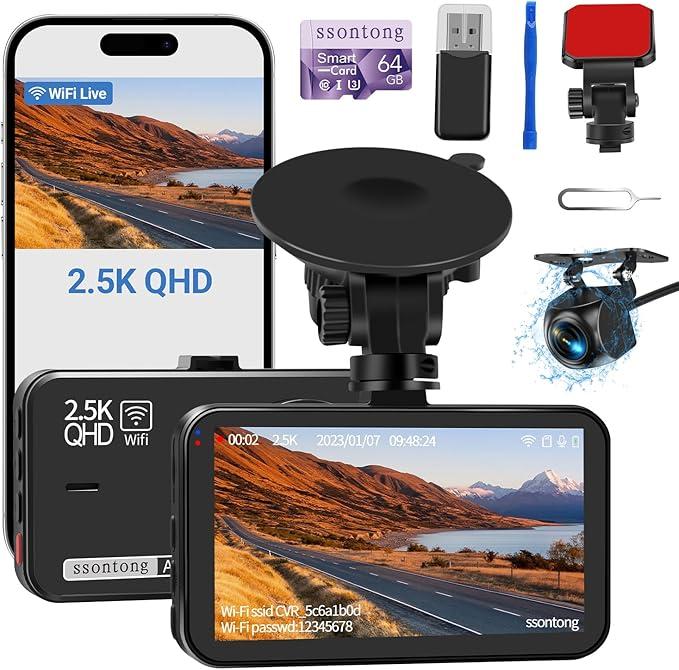 Dash Cam Front and Rear, Dash Camera for Cars WiFi/APP Control Dual Dashcam W/ 64GB Card, 2.5K Dash Cam Front+1080P Rear Car Camera W/Super Night Vision, Loop Recording, GSensor, Max Support 256GB