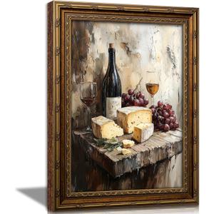 Vintage Gold Framed Canvas Wall Art Farmhouse Rustic Kitchen Painting Picture Wall Decor Retro Country Red Wine Bread Grape Poster Print Artwork for Dining Room living room Home Decoration, 24"L x 16"W