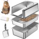 XXL All Stainless Steel Sifting Litter Box for Pine Pellets,Sifting Cat Litter Box with Lid,16''High Sides Metal Sifter Litter Pan System for Big Cats,Odor Control,Easy to Clean