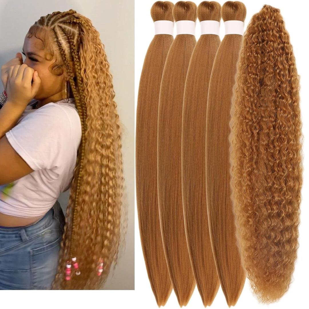 Honey Blonde Pre stretched Braiding Hair Synthetic Italian Curls Braiding Hair Extensions Crochet Boho Hair Braids Non Toxic Hypoallergenic Knotless Fulani