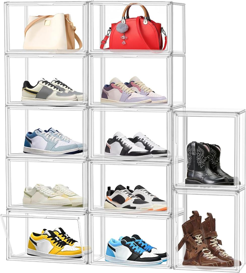 12 Pack Clear Shoes Box Shoe Storage Organizer for Closet Stackable Acrylic Handbag Display Case Shoe Organizer for Entryway