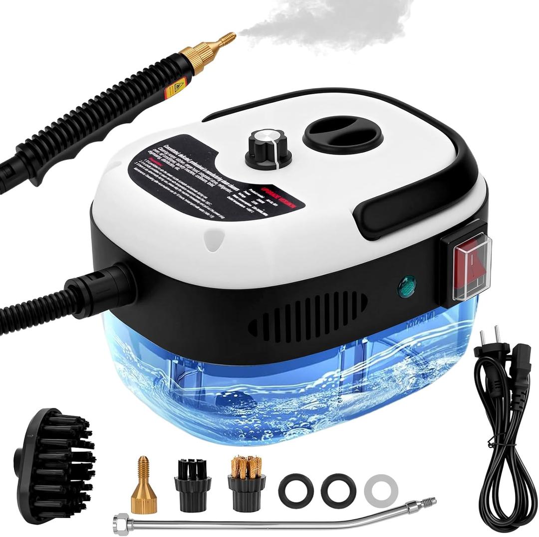 Steam Cleaner, 2500W High Handheld Steam Cleaner, 1L Portable Car Steam Cleaner, 6 High Speeds Pressure Temperature Steam Cleaning Machine with 3 Brush Heads for Kitchen Home Car CleaningWhite