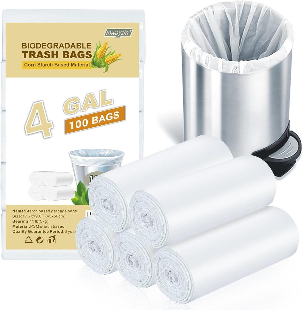 Small White Trash-Bags Bathroom 4 Gallon - Compostable Garbage Bags 4 Gallon 100 Count Biodegradable Unscented Little Waste Basket Kitchen Office Car Tiny Liners Bulk Strong Thick Inwaysin