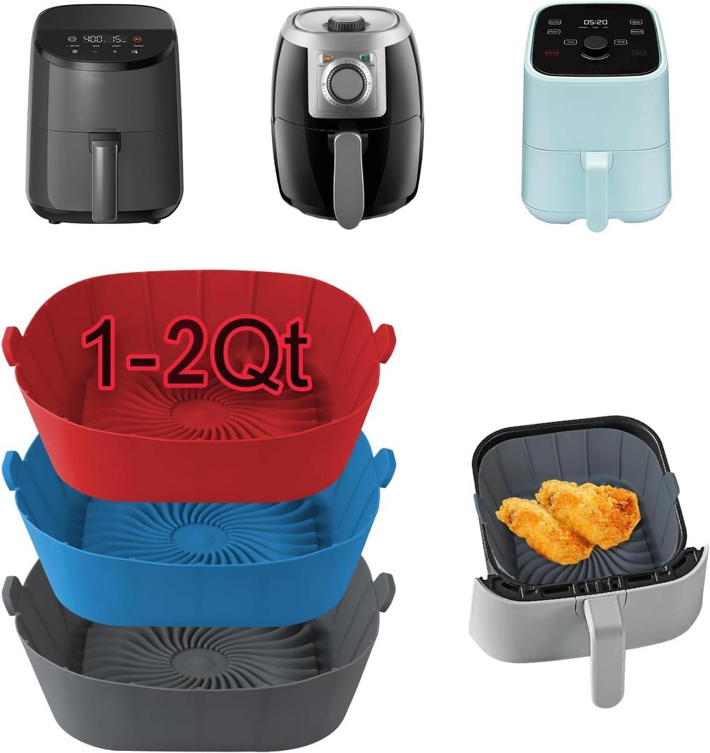 Air Fryer Silicone Liners for Most 1-2 Qt Mini Air Fryer, 3 Pack Square Small Air Fryer Liners Silicone Reusable Airfryer Liners Accessories for COSORI, Ninja, CHEFMAN