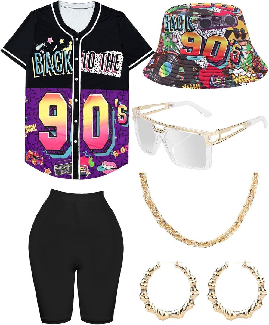 80s 90s Outfit for Women, Unisex Hip Hop Costume Baseball Jersey Shirt Yoga Pants Bucket Hat Gold Chain Rapper Accessories (Small)