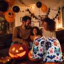 Halloween Bag 2 Pieces Printed Storage Drawstring Canvas Bag Halloween Theme Skull Bat (Multi)