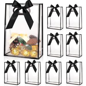 ZJHiome Clear Gift Bags with Handle, 8 PCS PVC Gift Bag with Ribbon Bow for Christmas Easter Wedding Baby Shower Birthday Party(Black)
