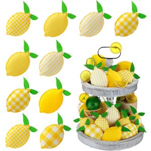 Patelai 12 Pcs Lemon Tiered Tray Decor Summer Stuffed Fabric Decoration 5 Inch Lemon Shaped Kitchen Decor Rustic Farmhouse for Tiered Tray Bowl Fillers Summer Home Supplies