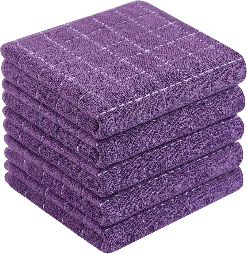 Homaxy 100% Cotton Terry Kitchen Towels(Purple, 13 x 28 inches), Checkered Designed, Soft and Super Absorbent Dish Towels, 5 Pack