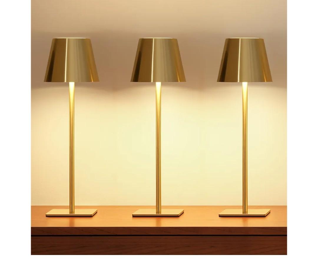 UME 3 Pack Cordless Table Lamp, Battery Operated Lamp - Portable Waterproof Rechargeable Table Lamp w/ 3 Color Temps & Stepless Dimming for Dinner, Desk, Cafe, Outdoor (Brushed Gold)