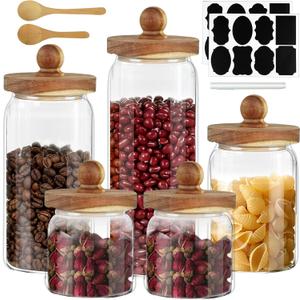 5 Pcs Glass Storage Jars with Wooden lid Clear Spice Food Storage Containers with Label and Pen Candy Airtight Canisters for Kitchen Beans Cookie (4 Sizes)