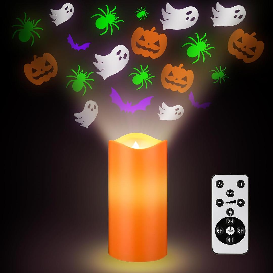 Baquler Halloween Projector Candle Ghost Projector Light Halloween Indoor Decoration Spooky Scary LED Flameless Candle Battery Operated Night Light with Remote and Timer Bedroom Home Decor Party Gift