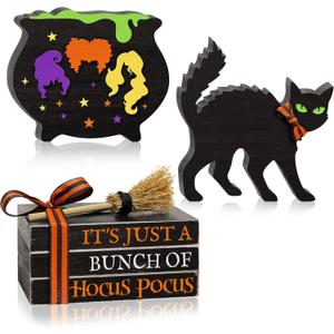 5PCS Halloween Wooden Signs Hocus Pocus, Decorative Wooden Faux Books Stack Black Cat Wood Table Signs, Cauldron Witches Sisters Halloween Tiered Tray Decor for Halloween Party Home Decorations