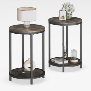 NSdirect Round Side Table Set of 2,16in Rustic Wooden End Table Surface Top & Sturdy Metal Legs Nightstand for Living Room Bedroom Farmhouse Sofa Table with Storage Open Shelf,Rustic Brown