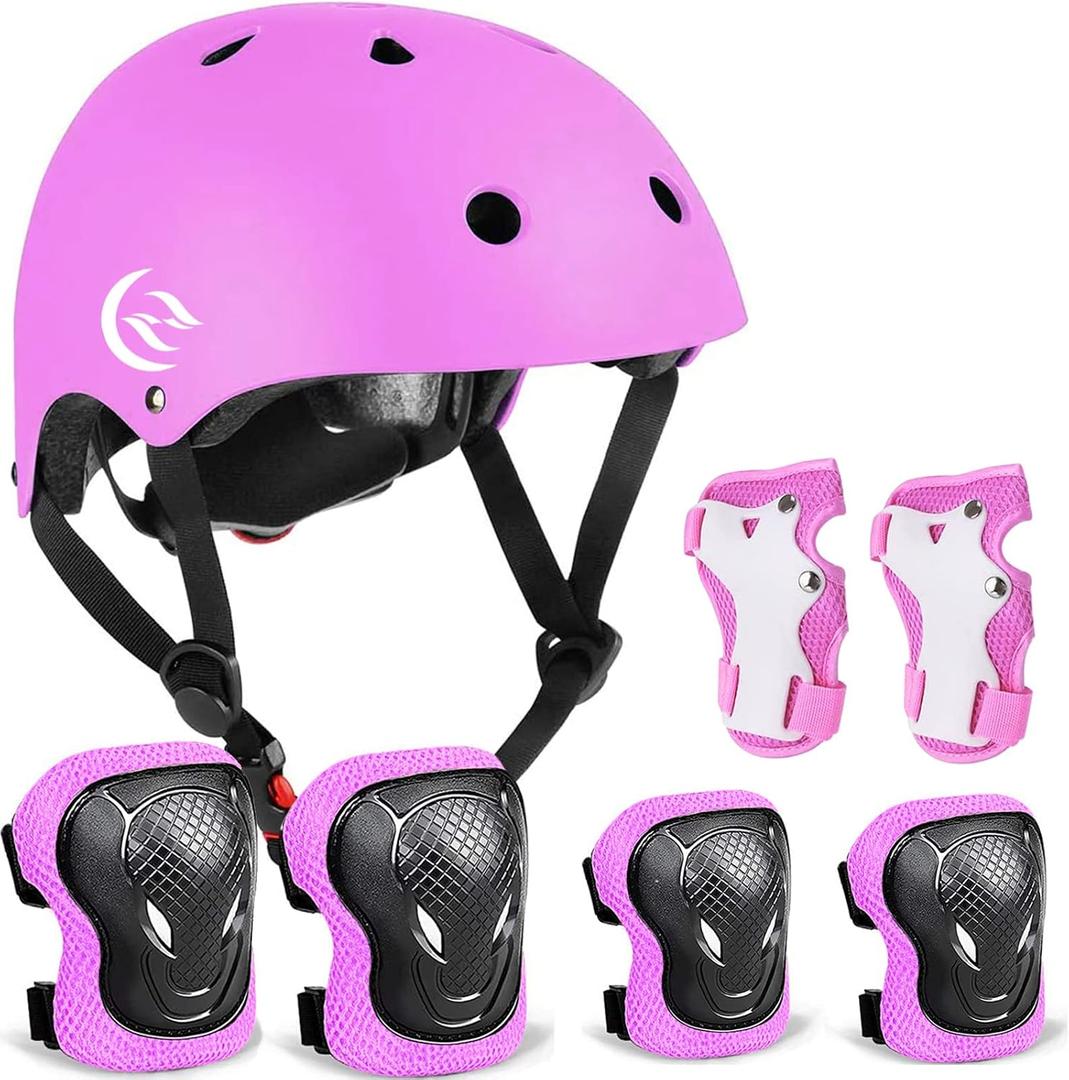 Kids Bike Helmet Skateboard Knee Pads - Kids Helmet Elbow Pads Wrist Guards Adjustable Girl Boy Kids Protective Gear Set for Sport Cycling Bike Roller Skating Scooter, pink, Medium: 20.5"-22.4" / 8-15 years
